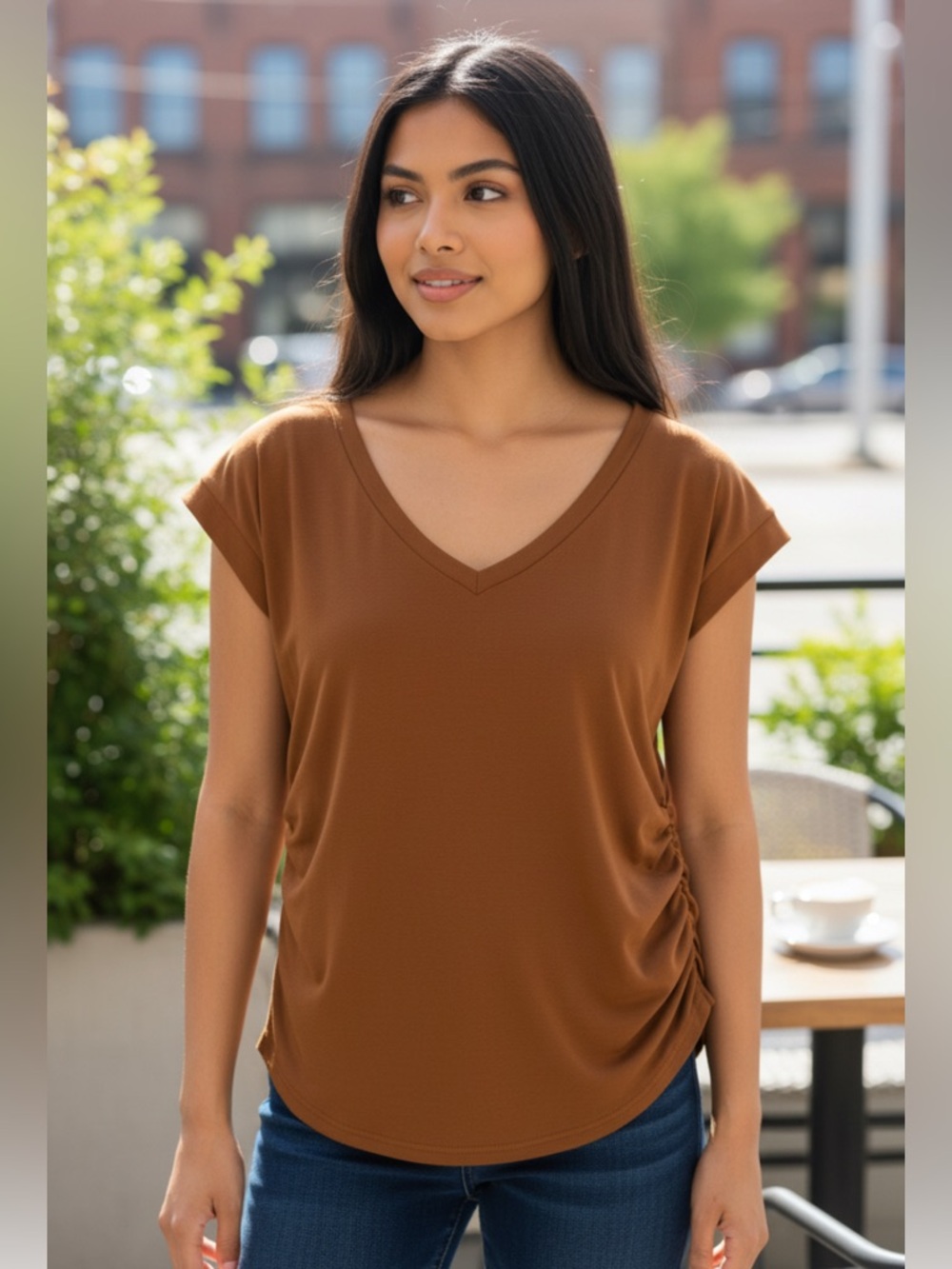 Woman’s Silky V Neck Brown Ruched Blouse size Medium